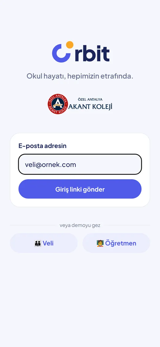 Orbit giriş ekranı: e-posta ile bağlantı gönderme
